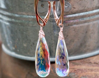 Flashy Rainbow Moonstone Briolette Earrings 18k Rose Gold Filled, Nickel Free