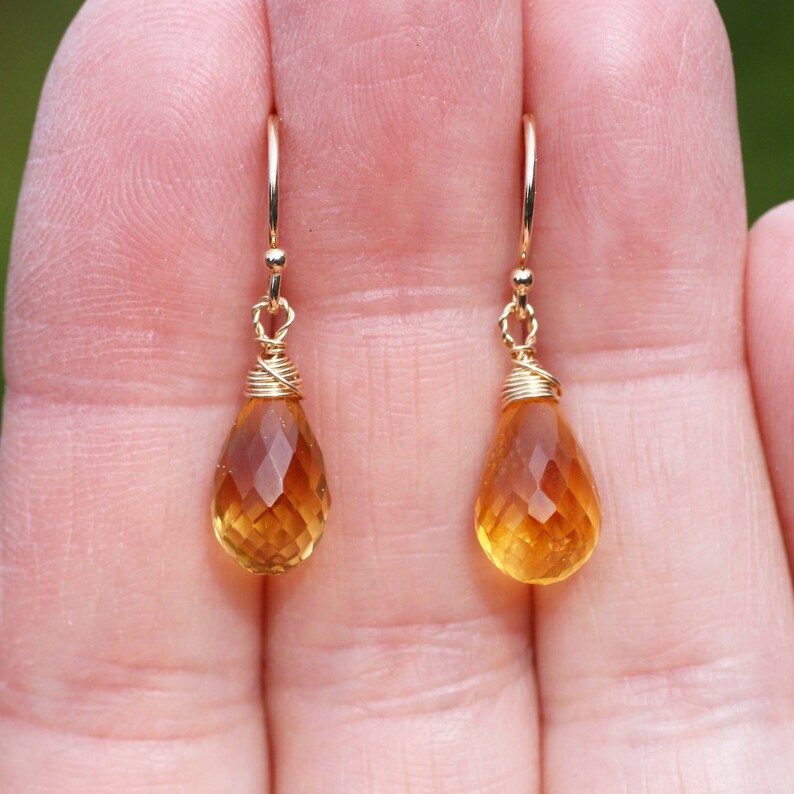 Citrine Earrings Solid 14k Gold Wire Wrapped Briolette November Birthstone