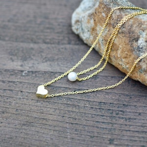 Heart and Pearl Layering Necklace Gold over Sterling Silver 925 , Bridesmaid Gift