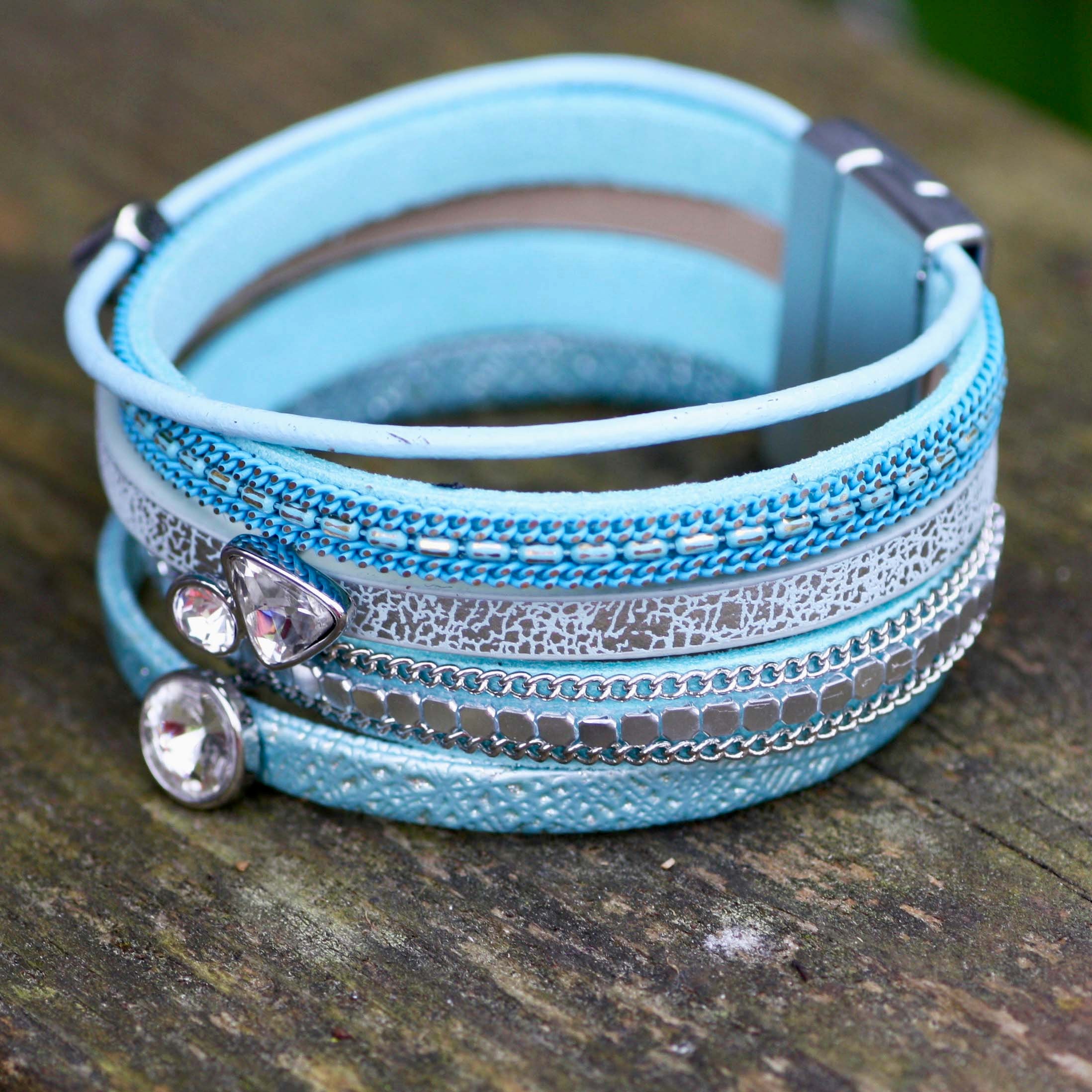 Sparkly Blue Leather Multi Color Gem Cuff Bracelet Canada Magnetic Clasp 