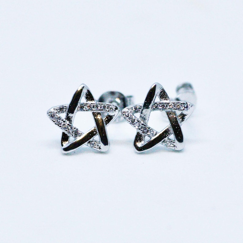 Twinkle Star Stud Earrings Sterling Silver 925 Cubic Zirconias 14k White Gold Plated