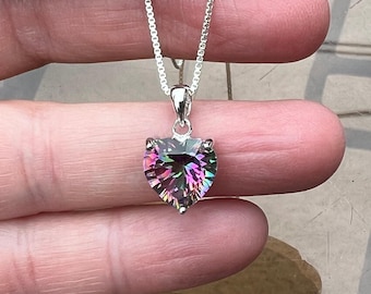Natural Mystic Rainbow Quartz Heart Pendant Sterling Silver , December Birthstone , 4th Anniversary