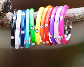 Rainbow Stacking Cloisonné Enamel Band Sterling Silver Purple , Navy , Turquoise , Pink, Hot Pink , Yellow , Orange , Red , Green