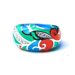 Wunderschöne Handgefertigte Rot Blau Grün Emaille Ring Sterling Silber 925, breites Band