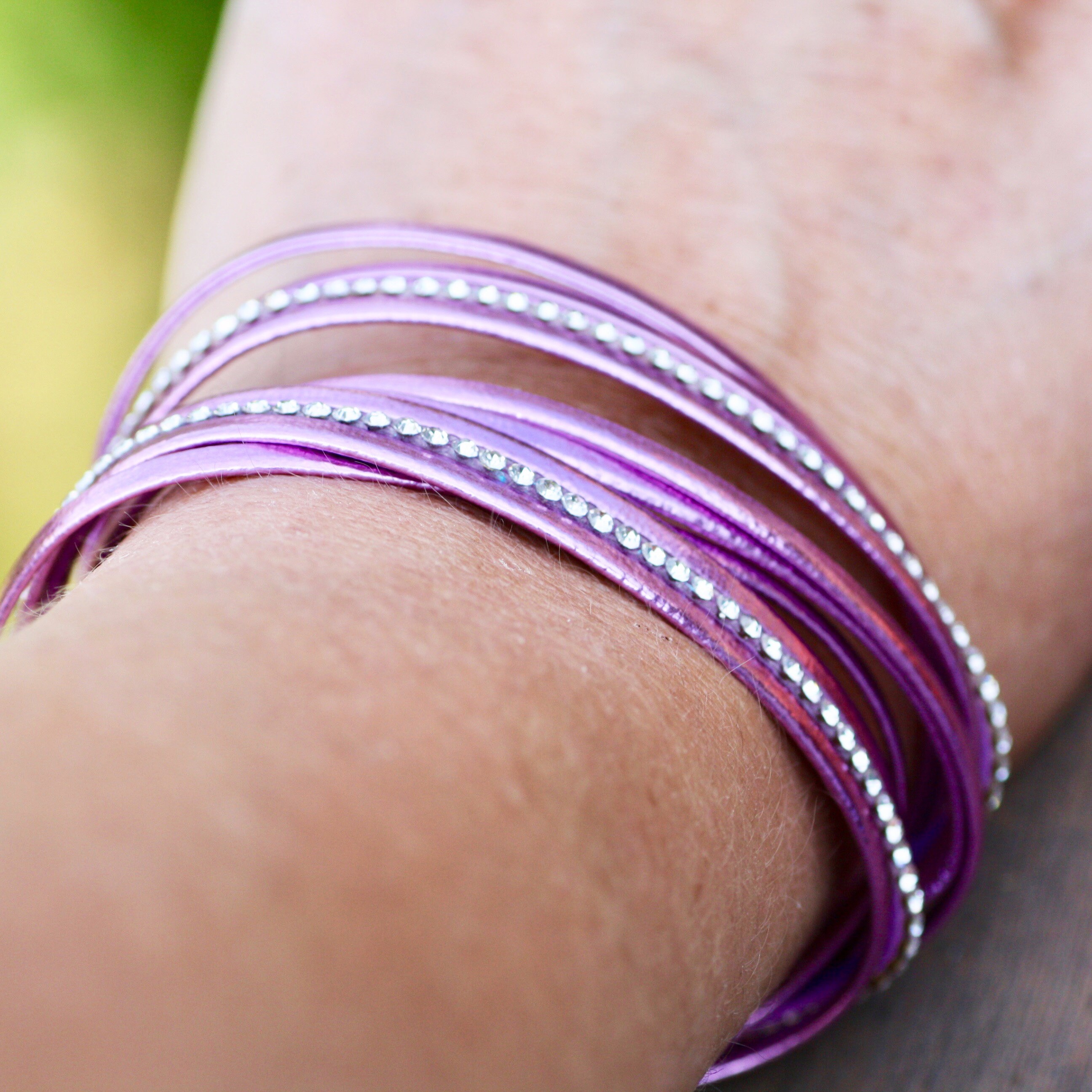 Metallic Purple Crystal Leather Cuff Bracelet Magnetic Clasp