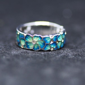 Enamel Pansy Flower Ring Silver , Wide Band SIZE 5 3/4 - LAST ONE