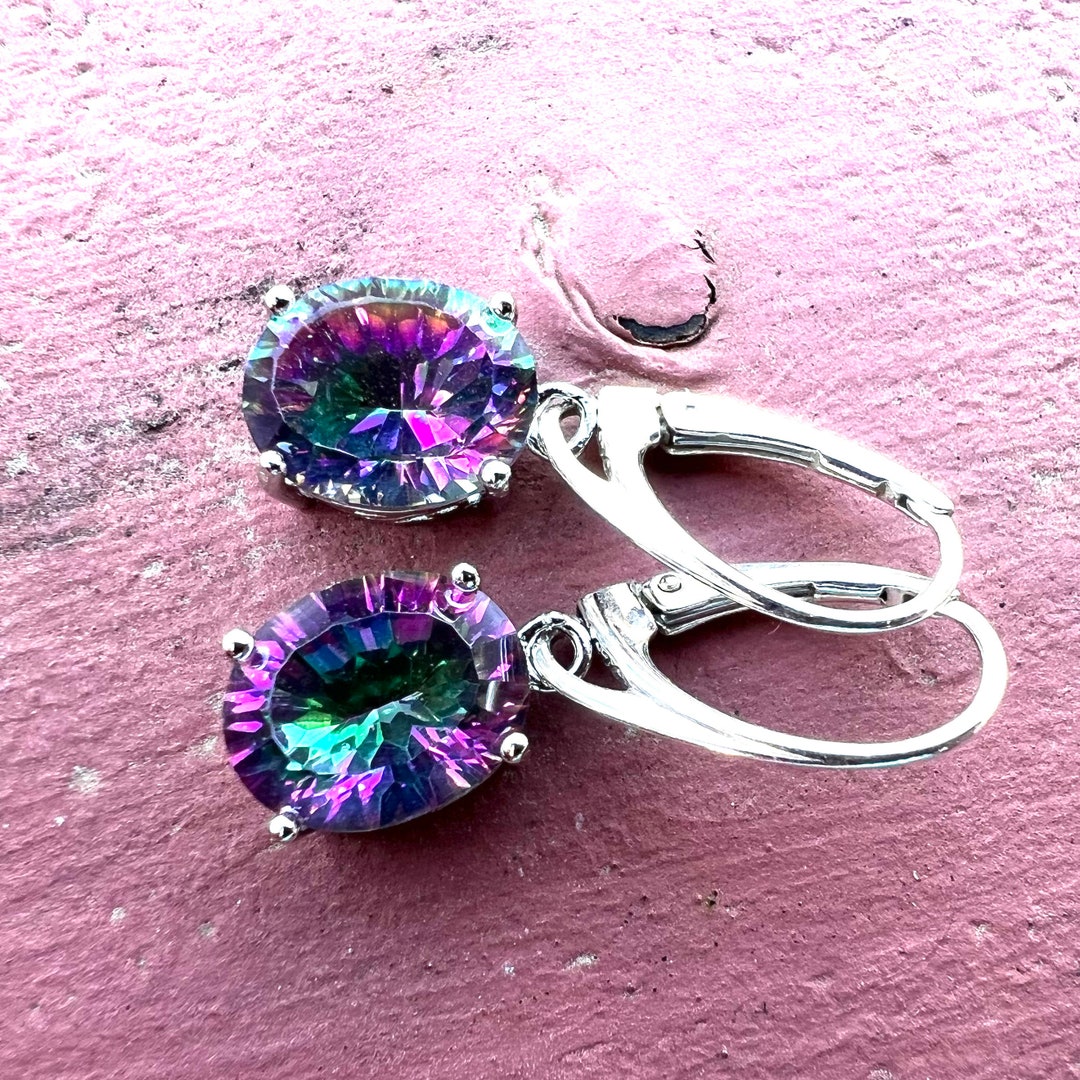 Natural Mystic Rainbow Quartz Earrings Sterling Silver , December