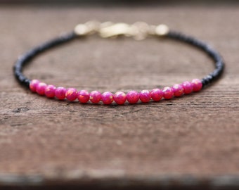 Sparkling Black Spinel and Deep Pink Opal Bracelet 14k Gold Filled , 7"