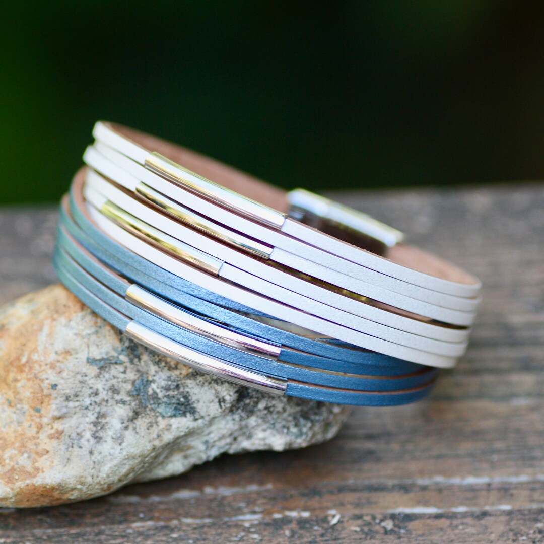 Blue and White Leather Cuff Bracelet Clasp , Wide Bangle