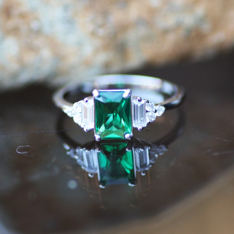 Created Emerald Engagement Ring Sterling Silver 925 , May Births