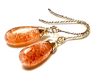 Natural Sunstone Earrings 14k Gold Filled , Healing Gem , June Birthstone