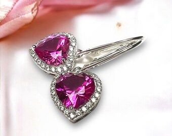 Orecchini con zaffiro a cuore rosa scintillante in argento sterling 925, pietra portafortuna di settembre