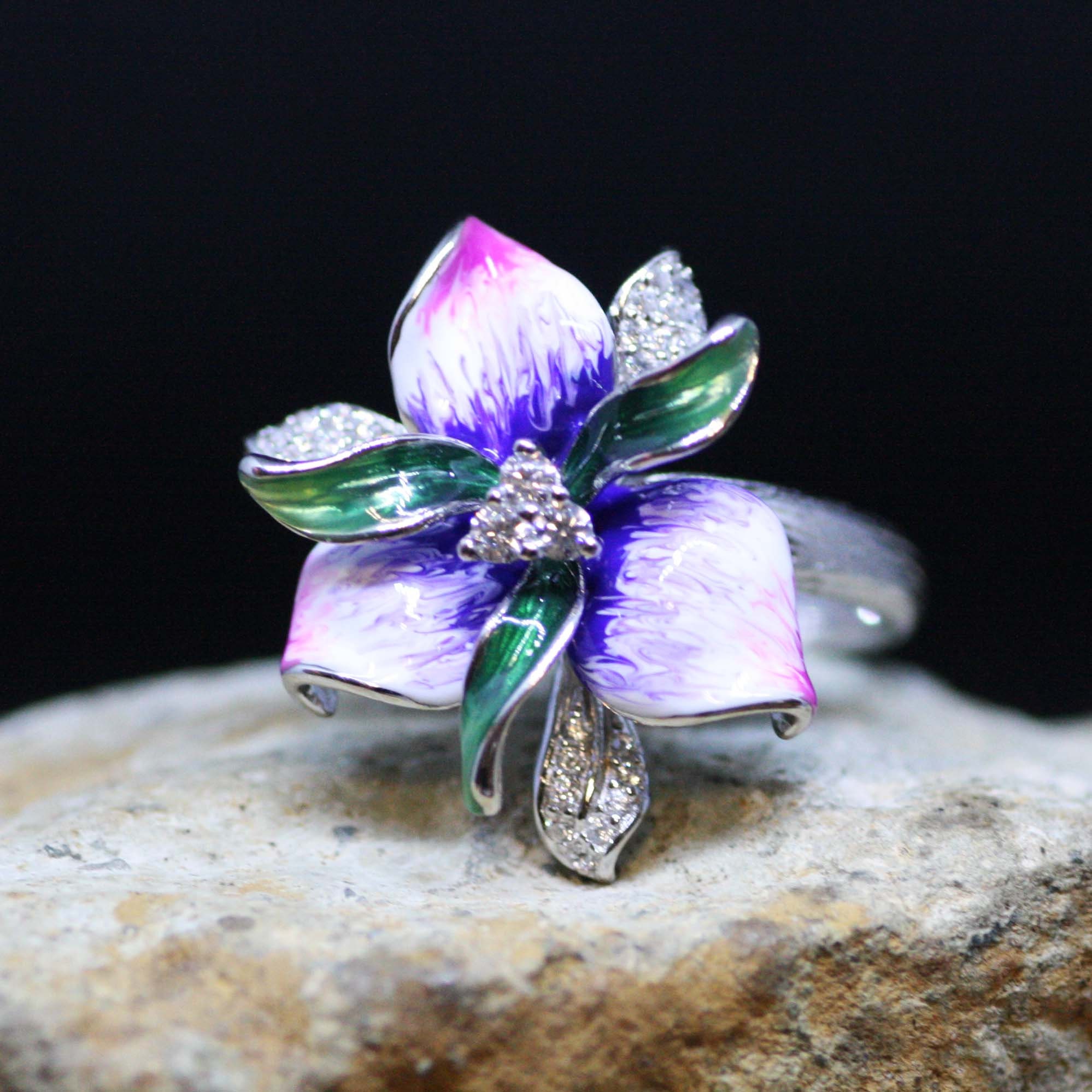 Enamel Pink Purple Orchid Flower Ring Sterling Silver, 14th