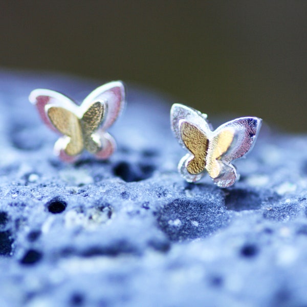 Tiny Two Tone Butterfly Stud Earrings Sterling Silver 925 , Small Earrings , Gift for Girl ts