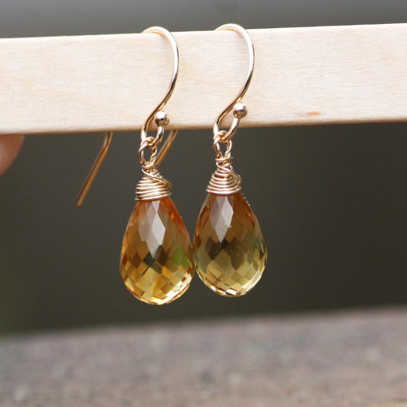 Citrine Earrings Solid 14k Gold Wire Wrapped Briolette November Birthstone