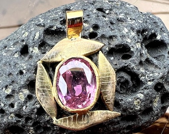 Chunky Solid 14K Yellow Gold Handmade Pink Sapphire Pendant, Heirloom Quality