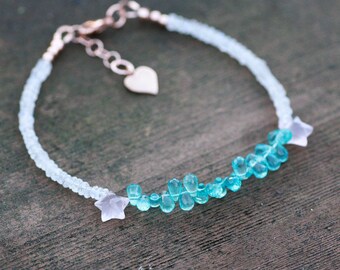 Natural Green Apatite, Rose Quartz and Moonstone Bracelet 14k Rose Gold Filled, 7.3" - 7.9"