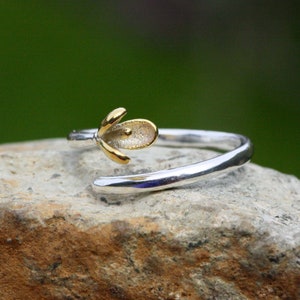 Snowdrop Flower Ring Sterling Silver 925 and Gold , Spring , Simple Band , Adjustable Size 4 up ts