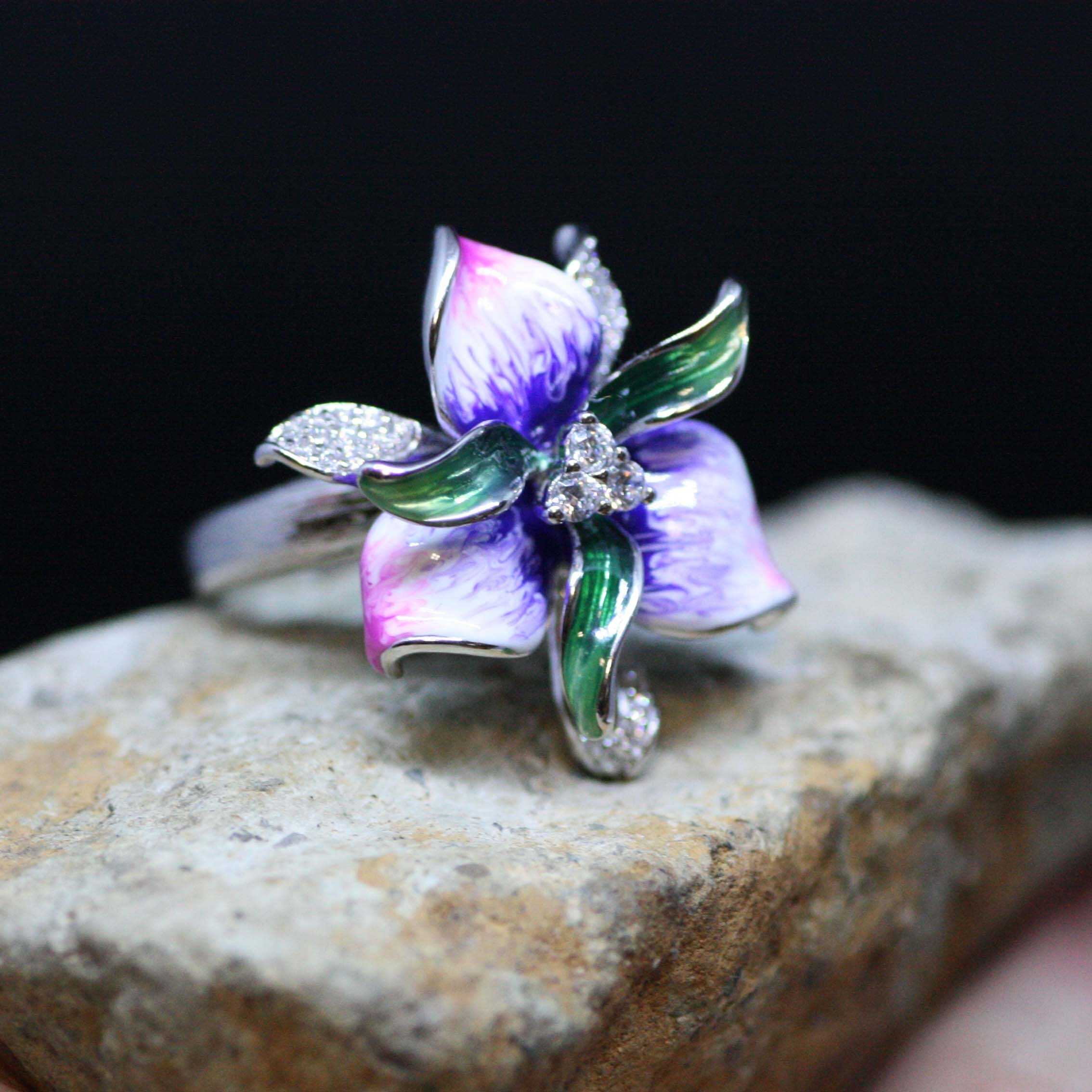 Lilac – Anello Donna In Argento 925 A Fiore Viola – Aperto Regolabile Con Zirconi E Smalto – Regalo Anniversario - 3