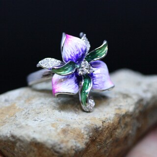 Anello Lilac Fiore Donna In Argento 925 - Aperto Regolabile Con Fiore Viola E Zirconi - Regalo Anniversario