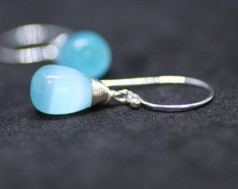 Light Blue Cats Eye Aquamarine Earrings Sterling Silver 925 Wire Wrapped