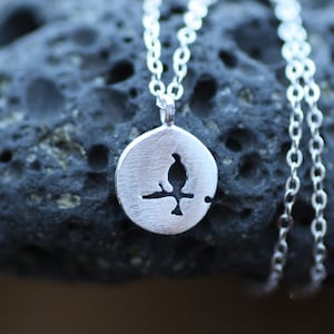 Pretty Bird on Branch Disk Pendant  Silver , Minimalist Jewelry , From Canada