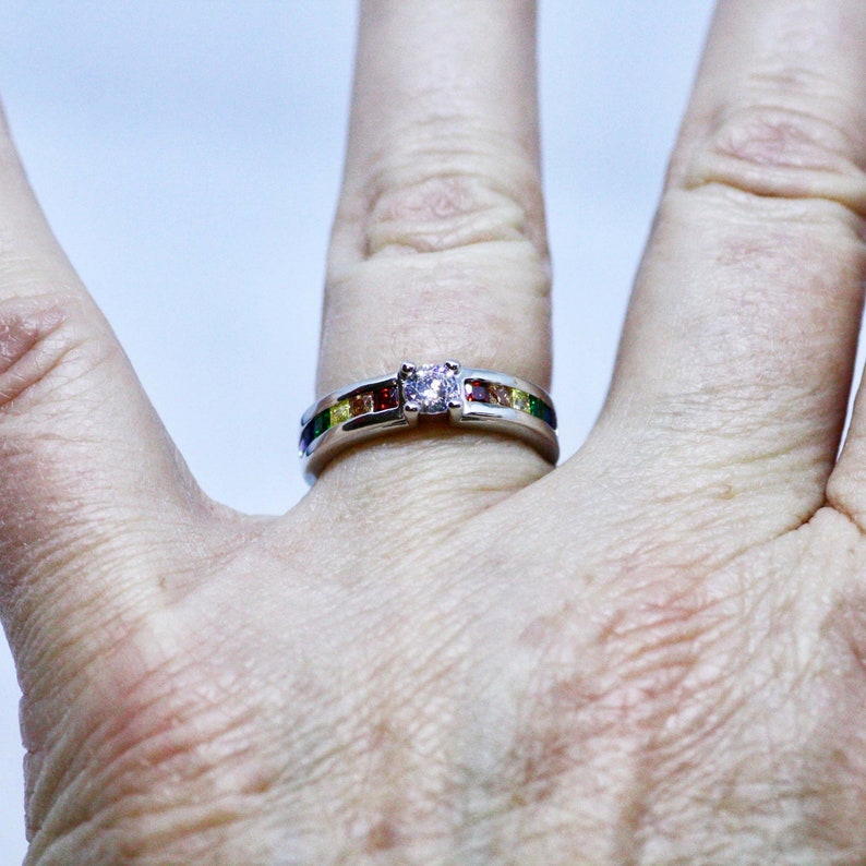 Rainbow Engagement Ring Sterling Silver 925 Pride Ring