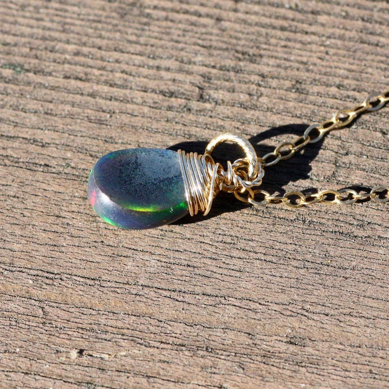 14th 34th Anniversary Black Opal Pendant 14K Yellow Gold Filled October Birthstone