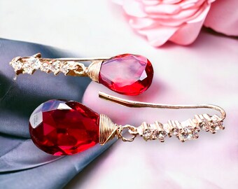 Boucles d'oreilles goutte rubis, or rose 18 carats vermeil, pierre de naissance juillet