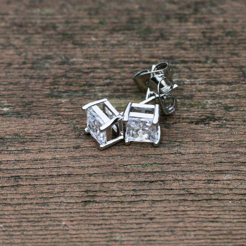 Diamond Look Princess Cut Cubic Zirconia Stud Earrings April Birthstone Platinum Plated