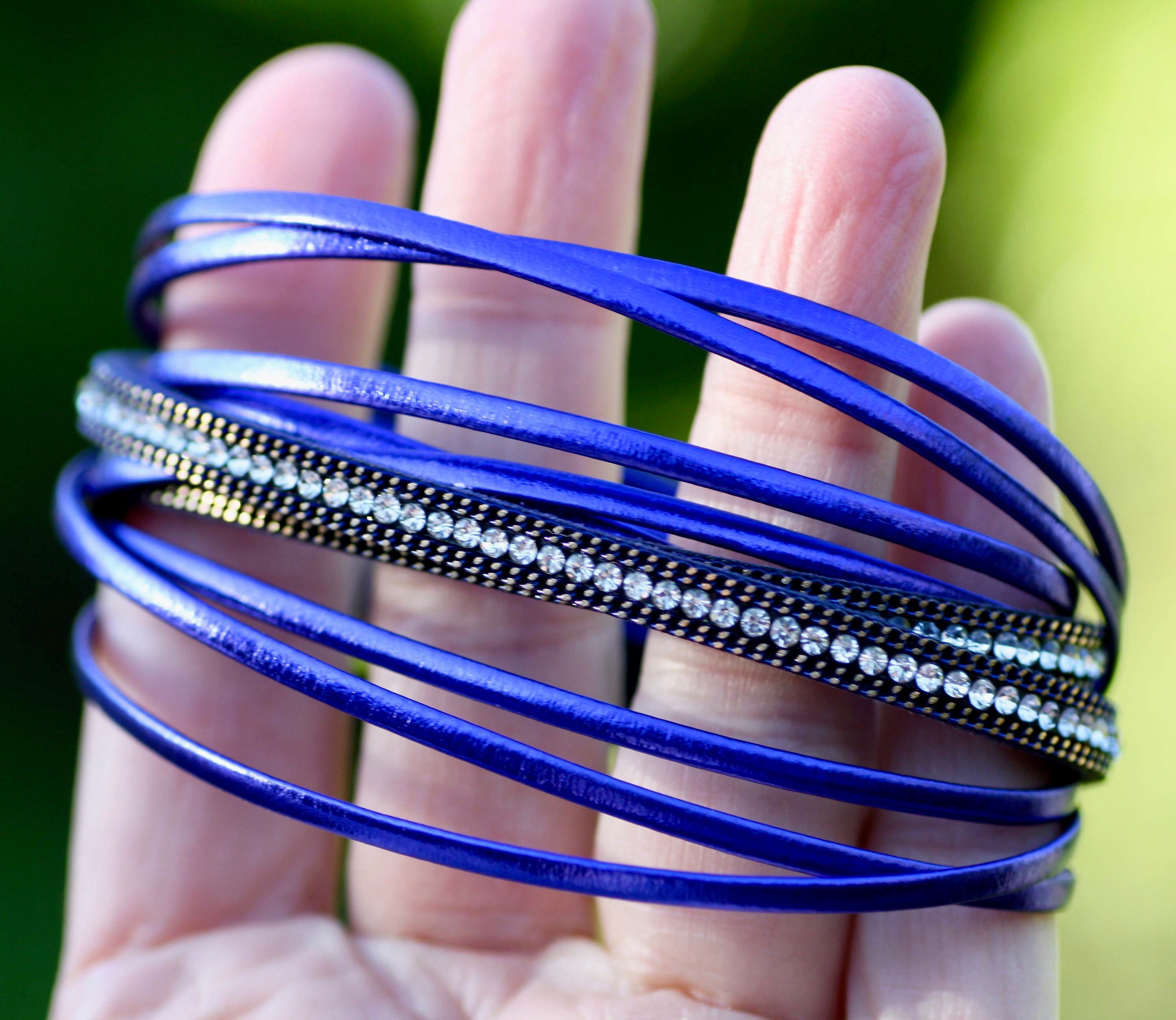 Bright Blue Leather Crystal Wrap Bracelet Magnetic Clasp