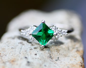 Princess Cut Created Emerald Engagement Ring Sterling Silver 925 , May Birthstone