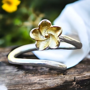 Plumeria Flower Ring Silver and Gold Band , Hawaii Ring , Adjustable , Two Tone