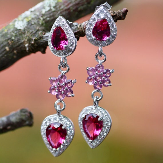 Pink Tourmaline CZ Earrings Sterling Silver 925 October - Etsy
