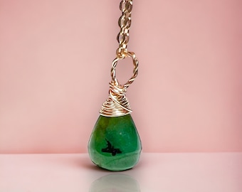 Natural Briolette Emerald Pendant Solid 14K Rose Gold , 20th Anniversary , May Birthstone , Wire Wrapped