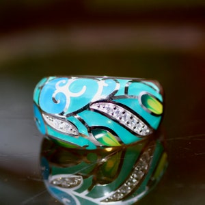 Teal Green Leaves Enamel Ring Sterling Silver 925 Cubic Zirconias , Wide Band , CLEARANCE