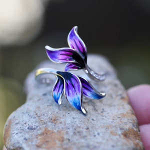 Purple Blue Pink Feather Leaves Flower Enamel Ring Sterling Silver 925 with Cubic Zirconias