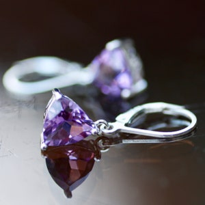 Trillion Amethyst Earrings Sterling Silver 925 , Hinges , February Birthstone