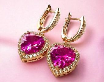 Abbaglianti orecchini con zaffiro rosa a forma di cuore in oro rosa 18 carati vermeil - Eleganza etica - Speciale San Valentino