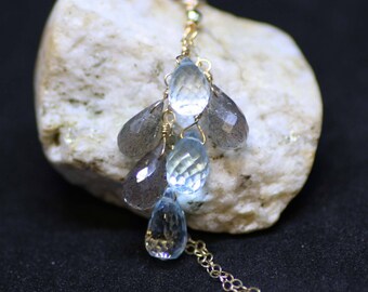 Natural Labradorite and Sky Blue Topaz Pendant Solid 14k yellow gold, 4th anniversary