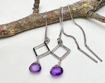 Natural Amethyst Earrings Handcrafted Sterling Silver , Threaders , February Birthstone