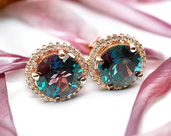 Radiant Halo: Lab-Grown Alexandrite Earrings in 18k Rose Gold Vermeil – A Mesmerizing June Birthstone Showstopper