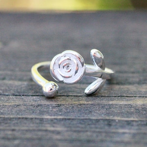 Rose Flower Ring Sterling Silver 925 Adjustable size from size 4 and up , gift for her ts
