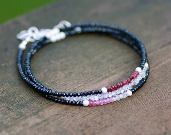 Long Natural Black Spinel, Ruby and Herkimer Diamond Bracelet Long Necklace Sterling Silver 925 22.7" - 23.2"