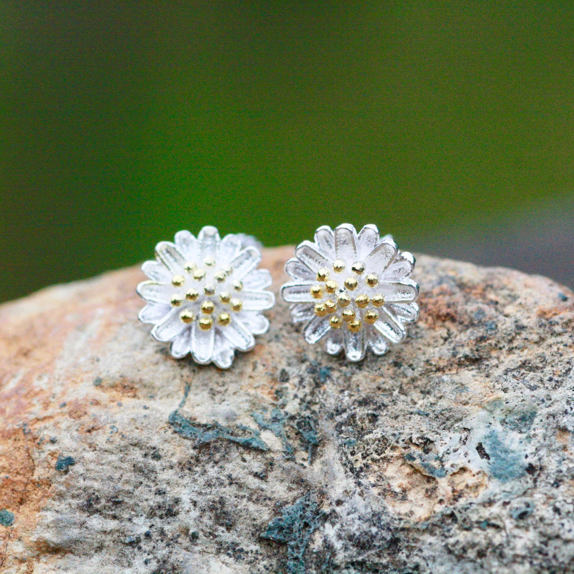 Daisy Flower Earrings Sterling Silver 925 Two Tone Etsy