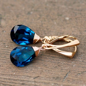 London Blue Topaz Earrings Wire Wrapped Rose Gold on European Lever ...