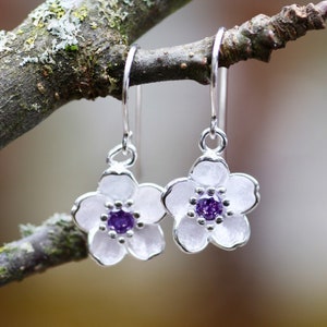 Sakura Cherry Blossom Drop Earrings Sterling Silver 925 , Amethyst February Birthstone