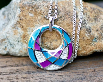 Gorgeous Vintage Look Teal and Purple Enamel Pendant Sterling Silver 925 Clearance