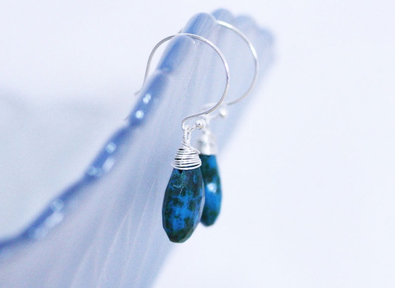 Wire Wrapped Chrysocolla Earrings Sterling Silver 925 Green Blue Gem Drop Earrings