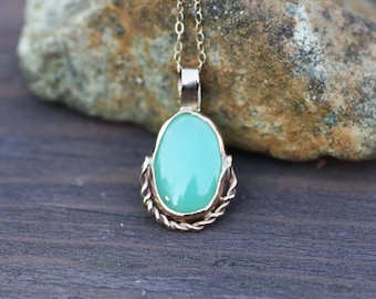 Handmade Natural Chrysoprase Pendant Solid 14K Yellow Gold   - no chain